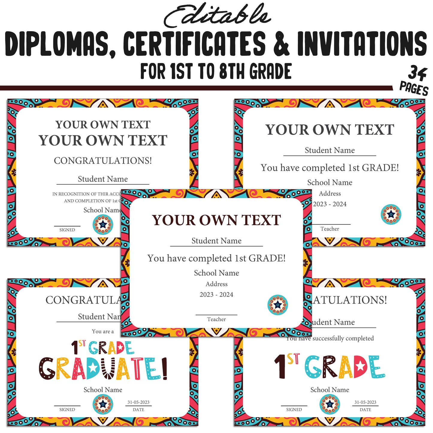 Printable 8th Grade Diplomas, Editable 1st-8th Grade Certificates, Invitation Templates in Tribal Mandala Design, 34 Pages, Instant Download