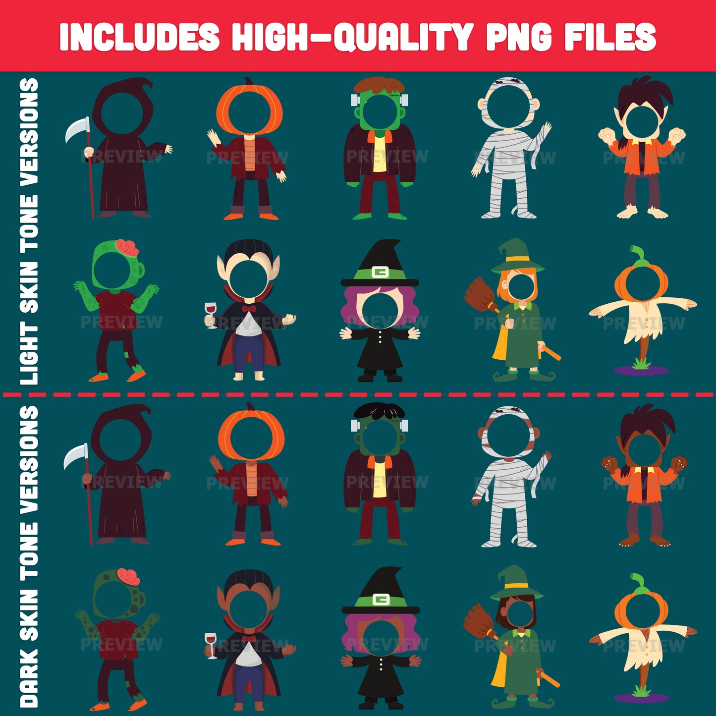 Printable Halloween Character Body Templates for Kids, 10 Designs, Light & Dark Skin Tone Included, High-Res 300 DPI PDF + PNG, Fun Face Craft