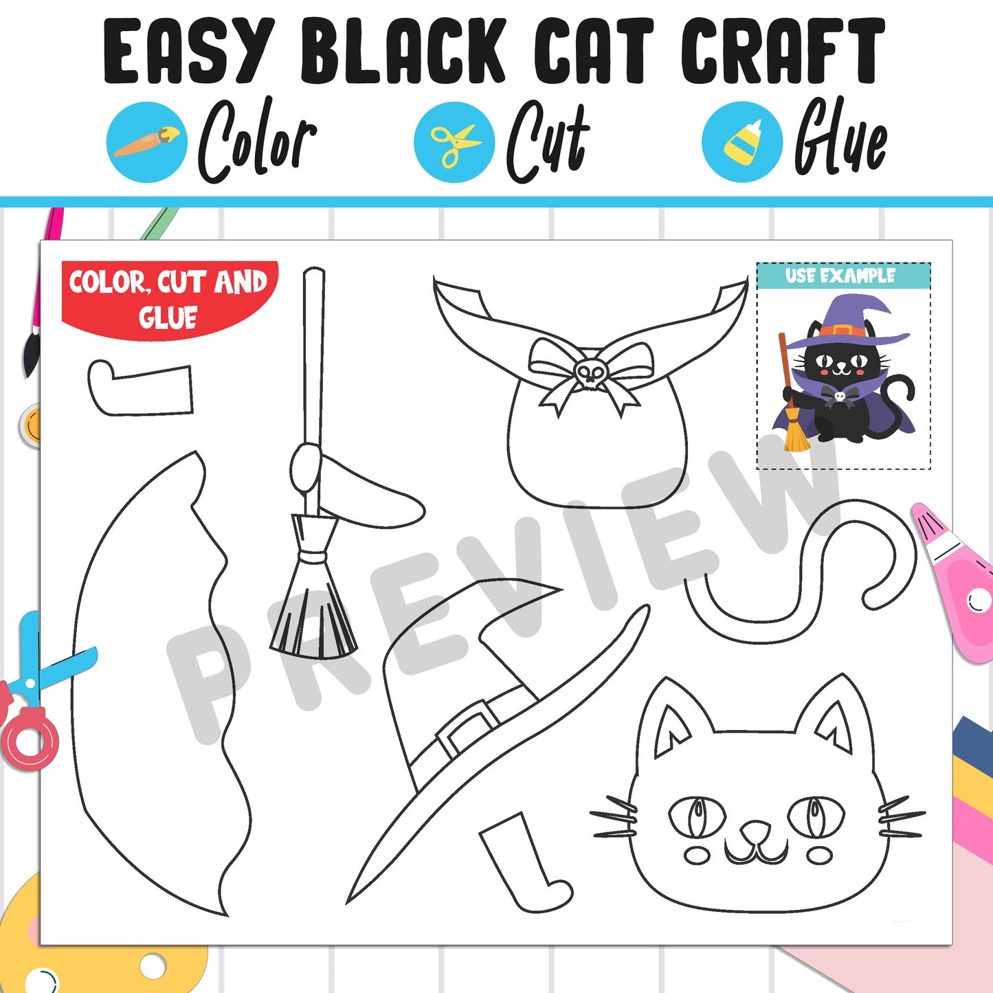 Easy Black Cat Craft for Kids: Color, Cut, and Glue, a Fun Activity for Pre K to 2nd Grade, PDF Instant Download