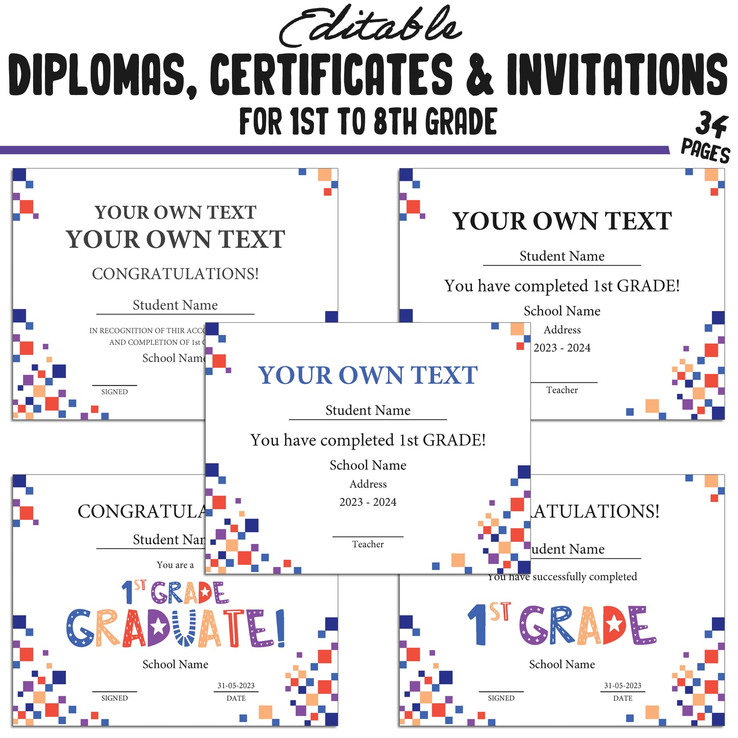 34 Editable First Grade Completion Certificate, 1st-8th Grade Diplomas & Invitation Templates, Simple Abstract-Themed, PDF Instant Download