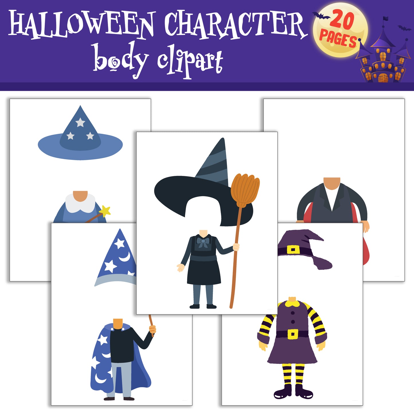 Spooky Halloween Character Body Clipart Set with Customizable Faces - 20 Pages, PDF, Instant Download for Kids (PreK to 6th Grade)