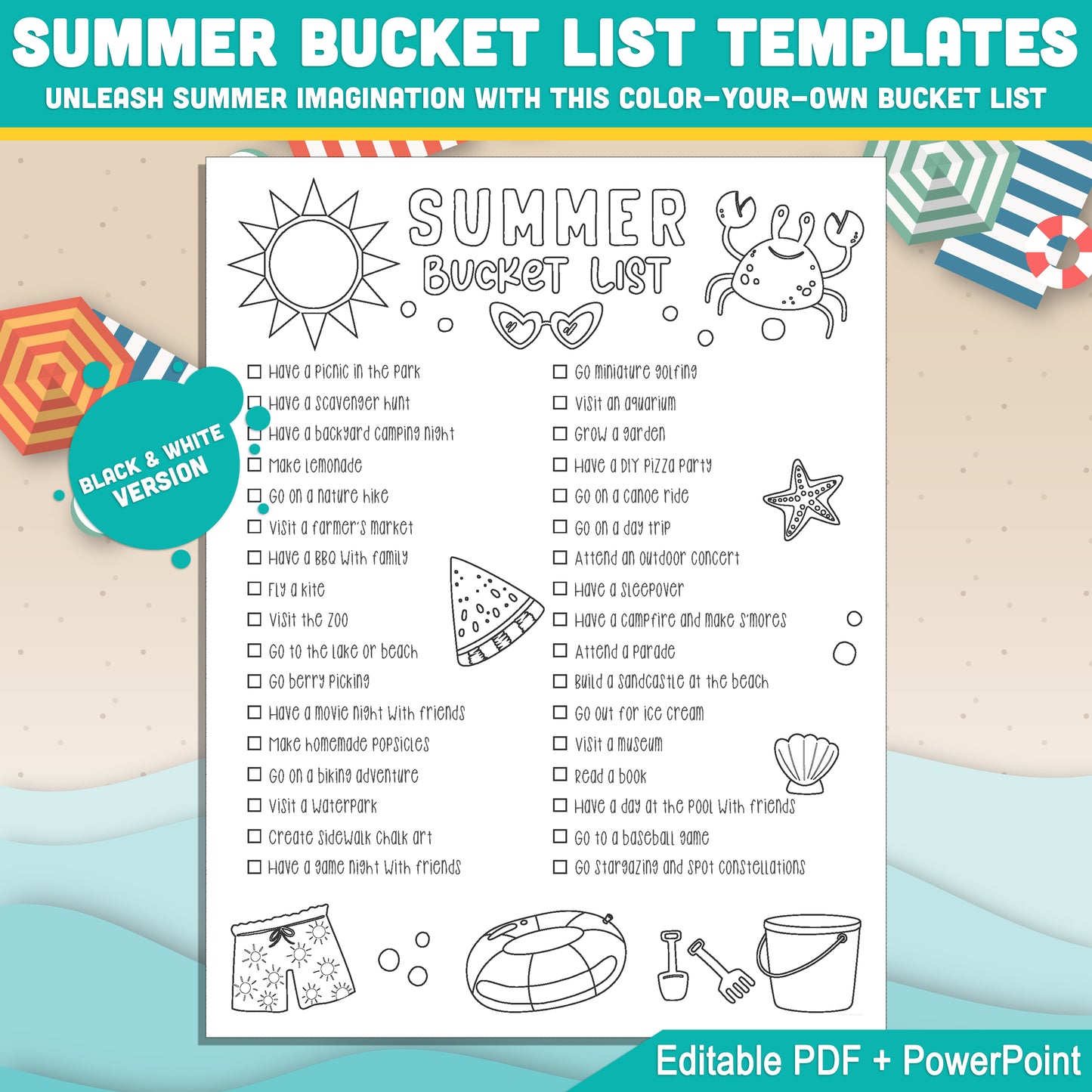 Summer Activity Checklist for Children: Editable Bucket List & Goals Planner PDF and PowerPoint Templates – Fun Black & White Pages Included