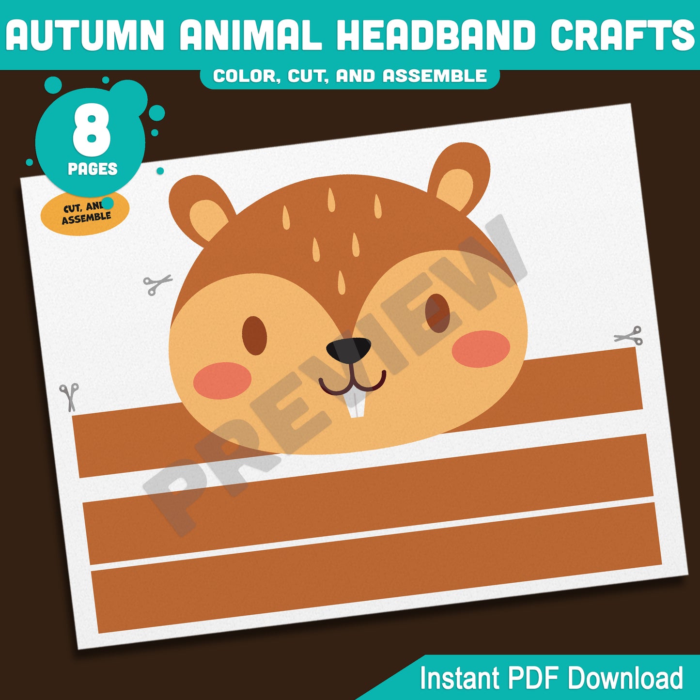 Printable Autumn Animal Headband Crafts, Fall Crown and Paper Hat Activity for Kids, Fun Color, Cut & Wear Craft, 5 Animal Designs, Black & White + Pre-colored, PDF