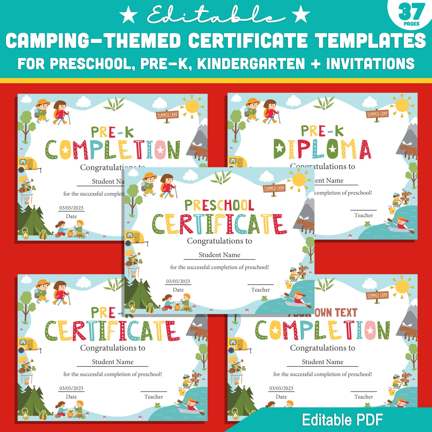 Preschool to Kindergarten Camping Certificate Pack β 37 Editable Templates with Diplomas & Invitations, Fun Outdoor Theme PDF Download