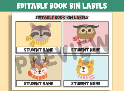 Adorable Winter Creatures at Your Fingertips: 16 Editable Book Bin Labels for Classroom Charm, PDF File, Instant Download