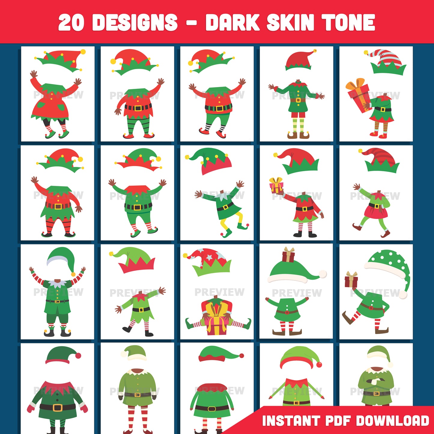 Printable Christmas Elf Body Templates for Kids, 20 Fun Designs (Light + Dark Skin Tone), Add Your Own Face Winter Craft, 8.5x11”, High-Res PDF Download