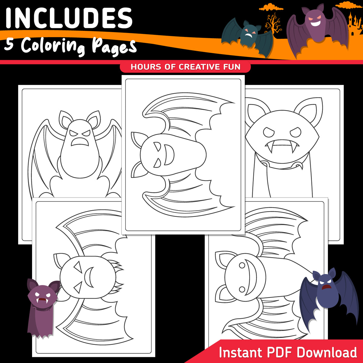 How to Draw a Bat, Halloween Directed Drawing, Simple Step-by-Step Art Activity, 6 Easy Steps, 5 Practice Pages, 5 Coloring Sheets, PDF Download