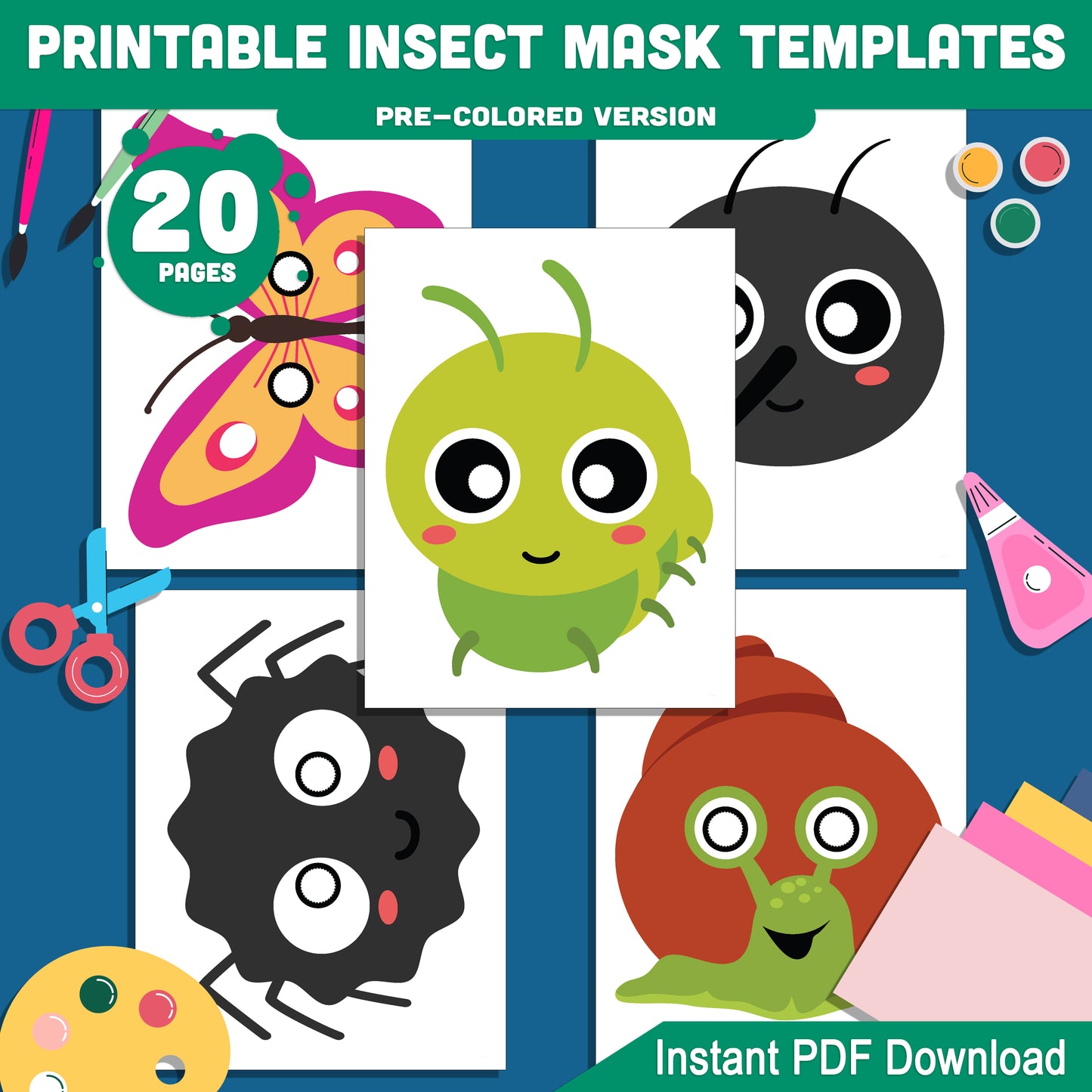 Insect Mask Printables: 20 DIY Bug-Themed Pages, Including Mosquito, Caterpillar, Spider, Ant, Butterfly & More, Pre-Colored & Black and White, PDF Download