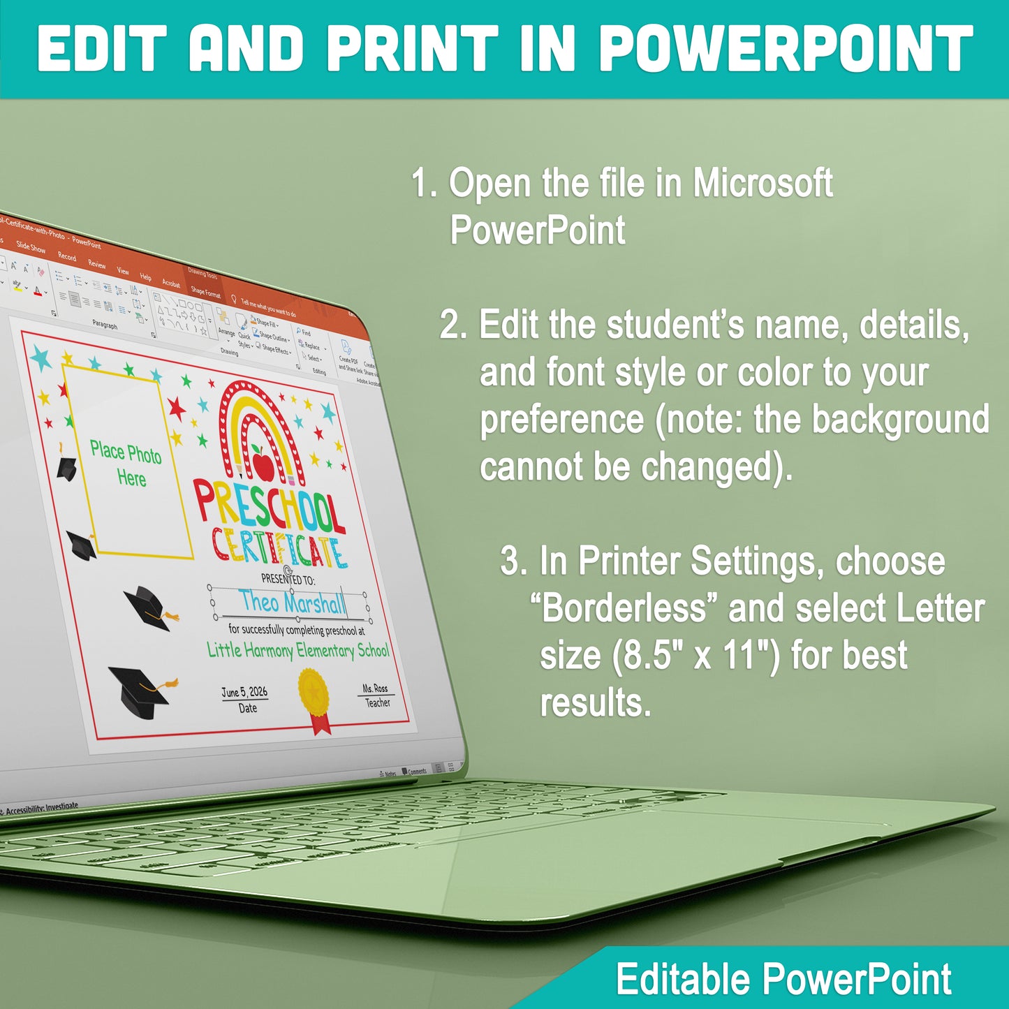 Personalized Preschool Moving Up Certificate with Student Photo – Rainbow Graduation Template Editable in PowerPoint, PDF Download for Teachers