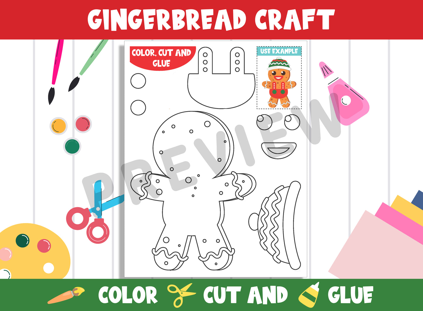 Kindergarten Gingerbread Craft: Color, Cut, and Glue Kit, PDF File, Instant Download