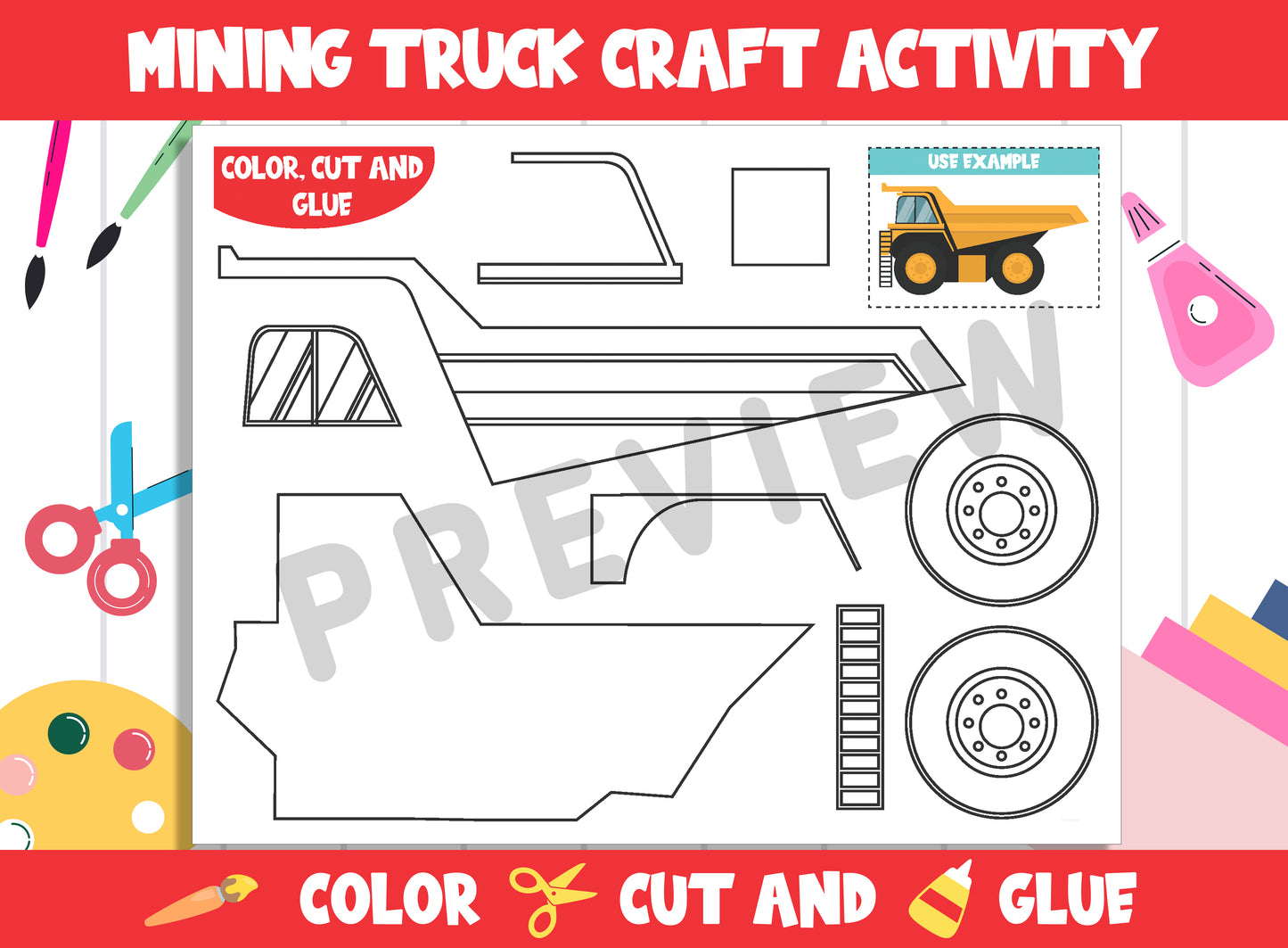 Construction Vehicle Craft Activity - Mining Truck : Color, Cut, and Glue for PreK to 2nd Grade, PDF File, Instant Download