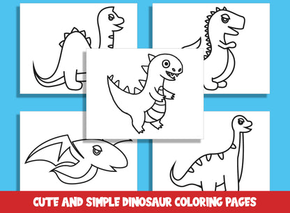 25 Cute and Simple Dinosaur Coloring Pages, Large Size, Thick Border, Perfect for Preschool & Kindergarten, PDF File, Instant Download