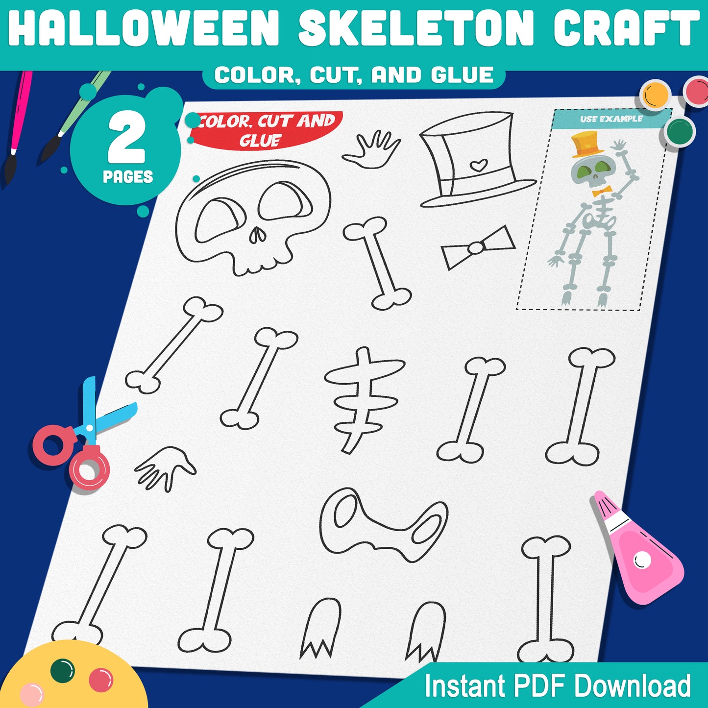 Halloween Skeleton Craft for Preschool, Pre-K, Kindergarten – Easy Cut and Glue Activity, Fun Fine Motor Skill Craft, 2 Pages, Instant PDF Download