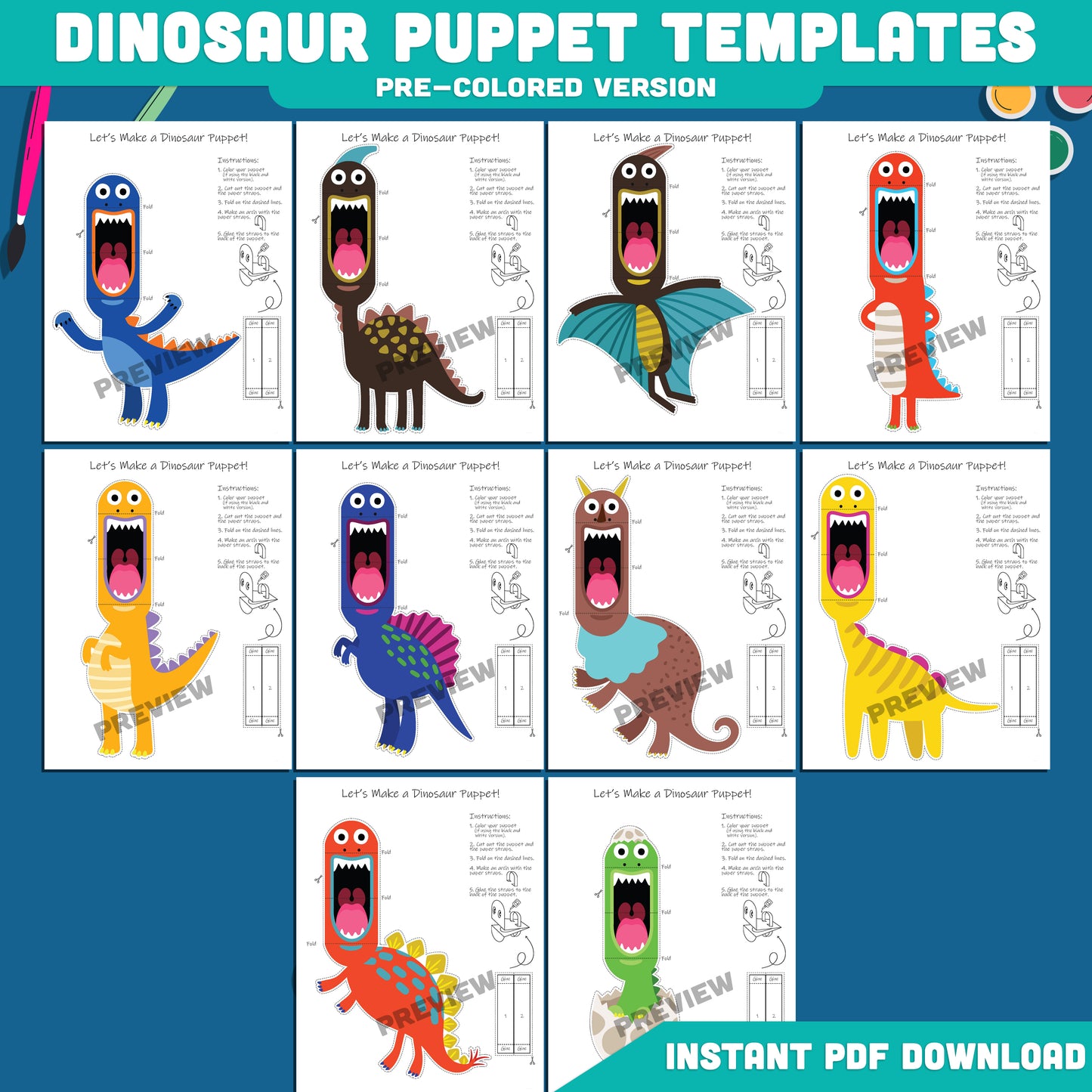Dinosaur Paper Puppet Templates: 20-Page Fun Printable Craft for Kids, Pre-Colored & B/W, Perfect for Imaginative Play, Easy to Cut & Assemble, Instant PDF Download