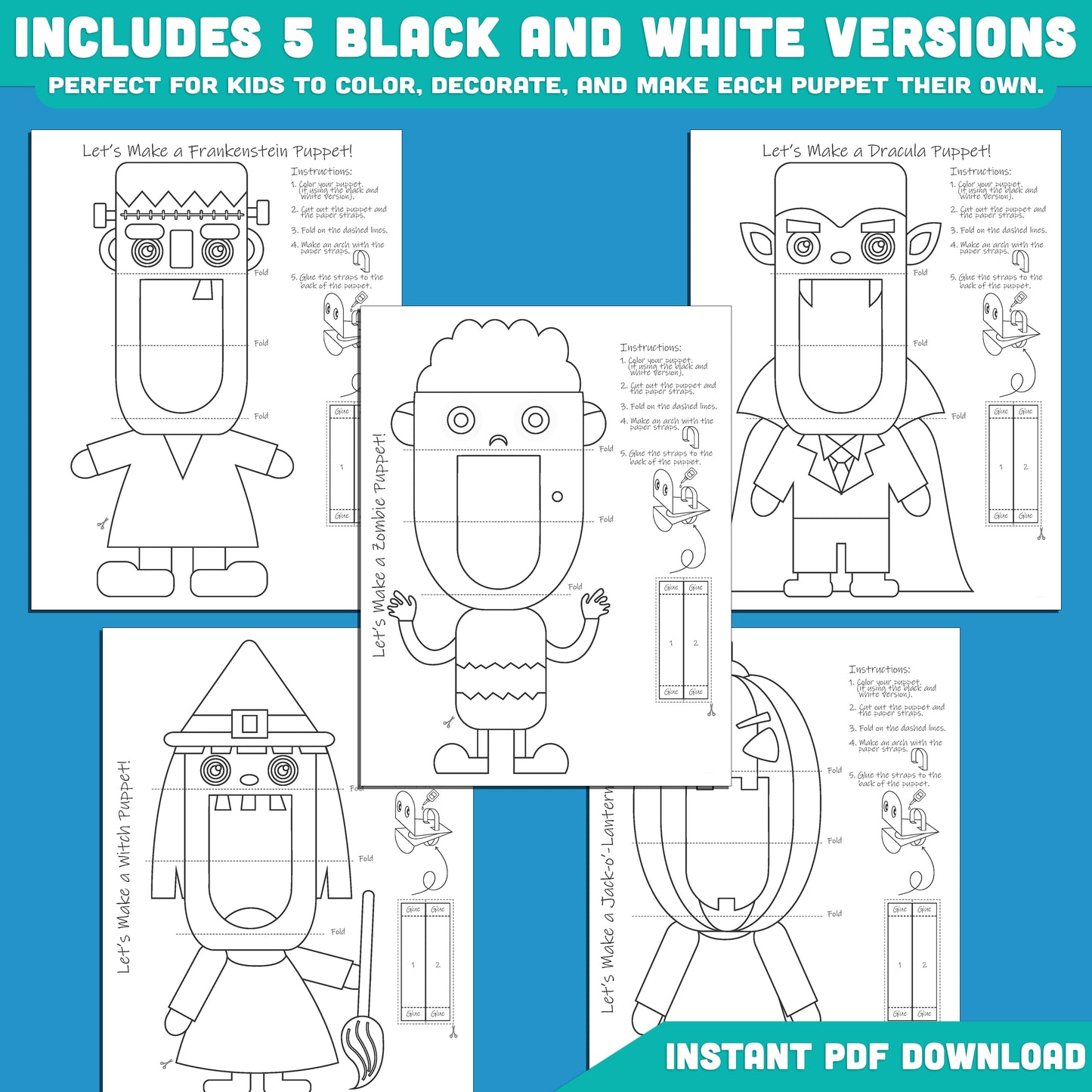 Printable Halloween Puppets: 10 Pages with 5 Pre-Colored + 5 Black and White Designs, Perfect for Spooky Classroom Fun & Halloween Party Crafts!