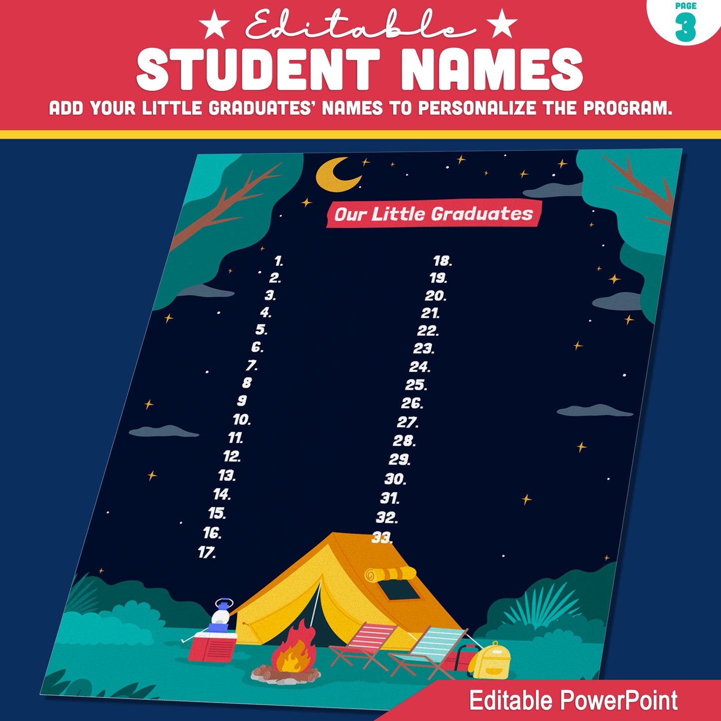 S'mores Camping Graduation Invitation Templates – Editable 4-Page Program for Preschool, Pre-K, Kindergarten, Instant PowerPoint, Cute Campfire Theme