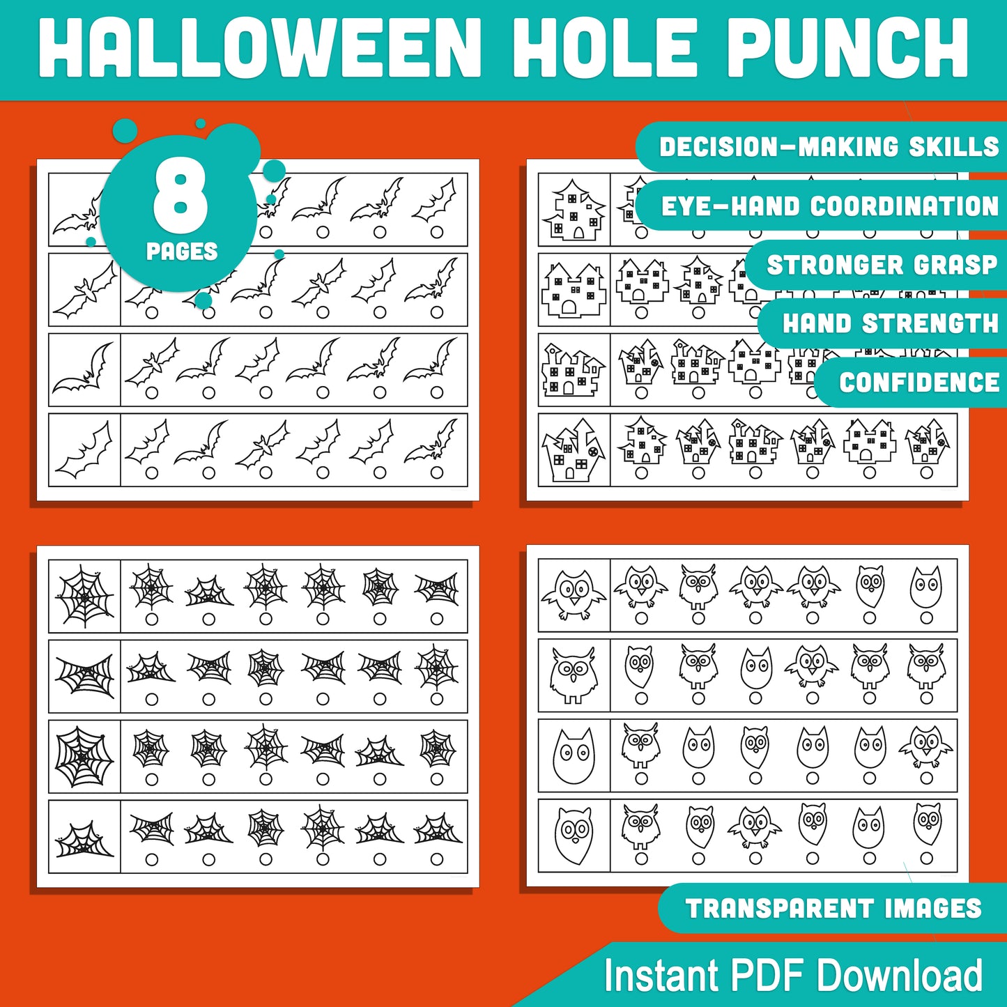Halloween Hole Punch Activity: Cute and Fun Fine Motor Skills Development for Kids, 8 Pages with 4 Strips per Page, PDF Instant Download