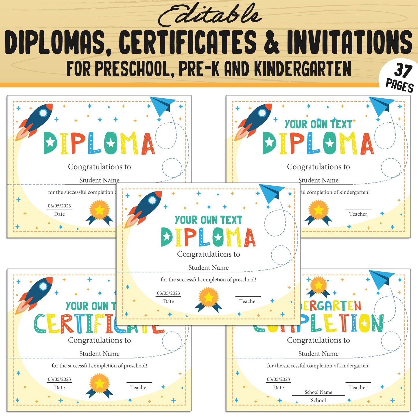 Fun and Editable Preschool, Pre-K, and Kindergarten Diplomas, Certificates, and Invitations β 37 Customizable PDF Pages, Instant Download