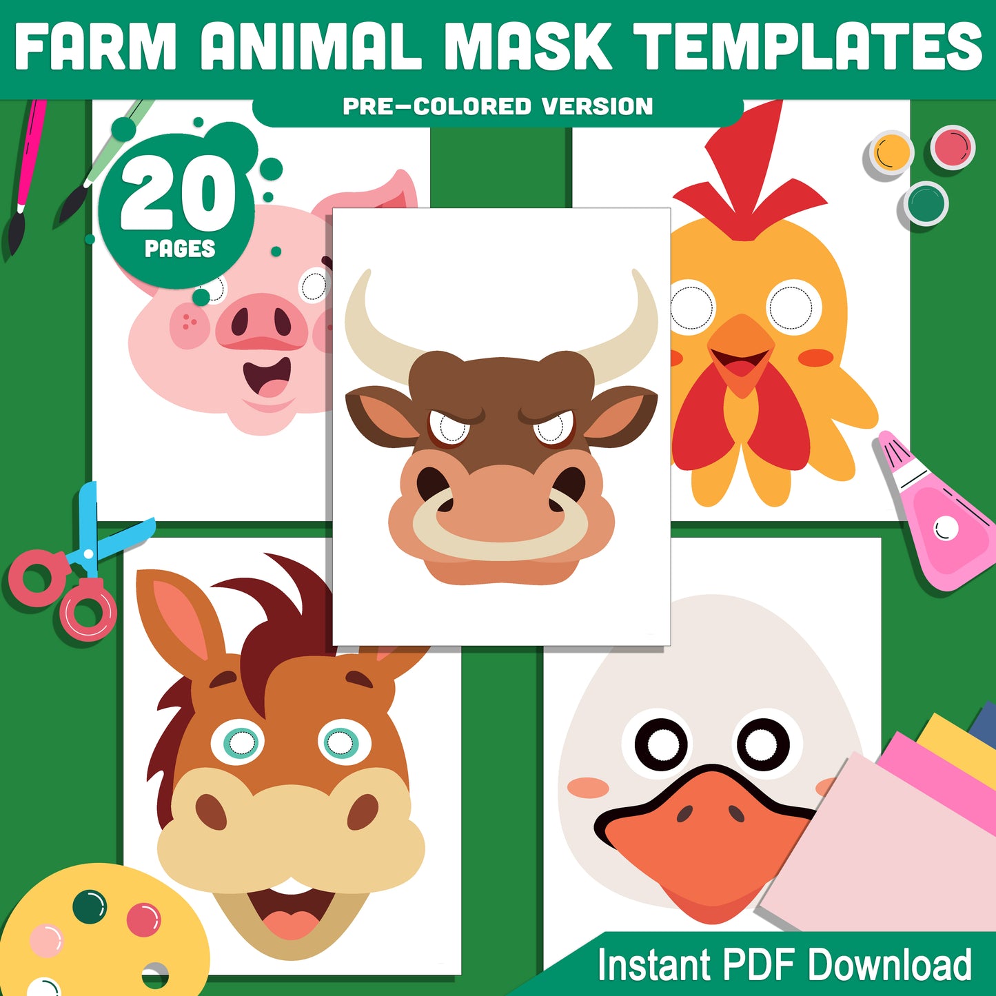 DIY Farm Animal Mask Templates: 20-Page Printable Craft Set, Pre-Colored & Black and White, Perfect for Kids' Costumes, Parties & Classrooms