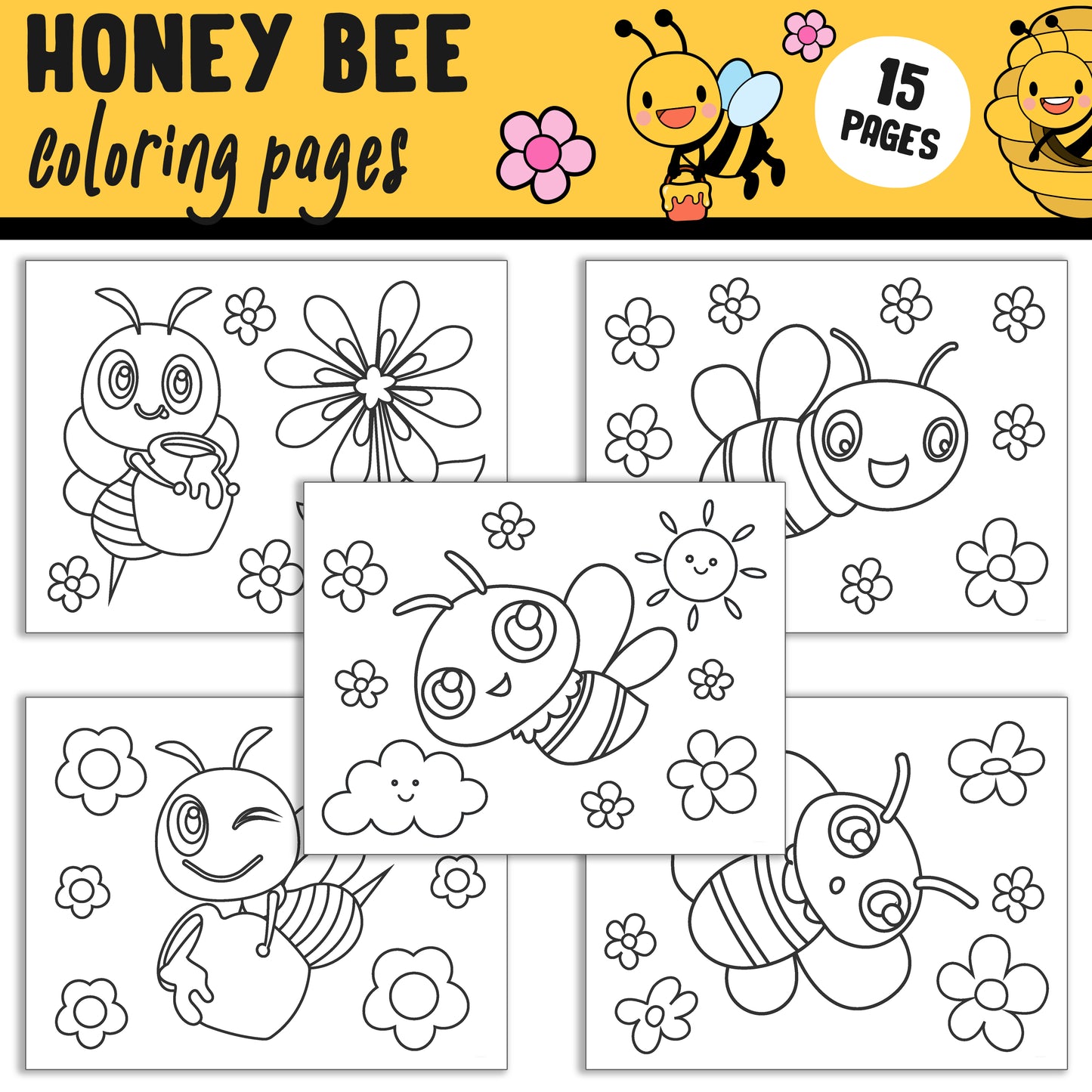 15 High-Resolution Cute Honey Bee Coloring Pages: Easy and Fun for Toddlers, PreK, and Kindergarten, Instant PDF Download