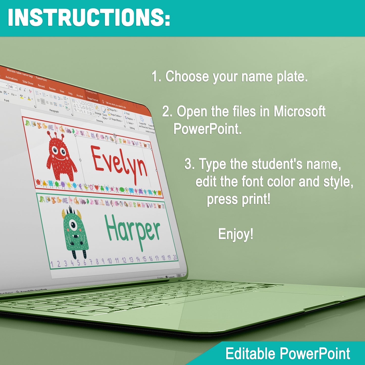 Editable Funny Monster Table Name Tags for Students – 30 Fun Designs with Alphabet, Shapes, and Numbers 1-20, 8.5"x11" Size, PDF Instant Download