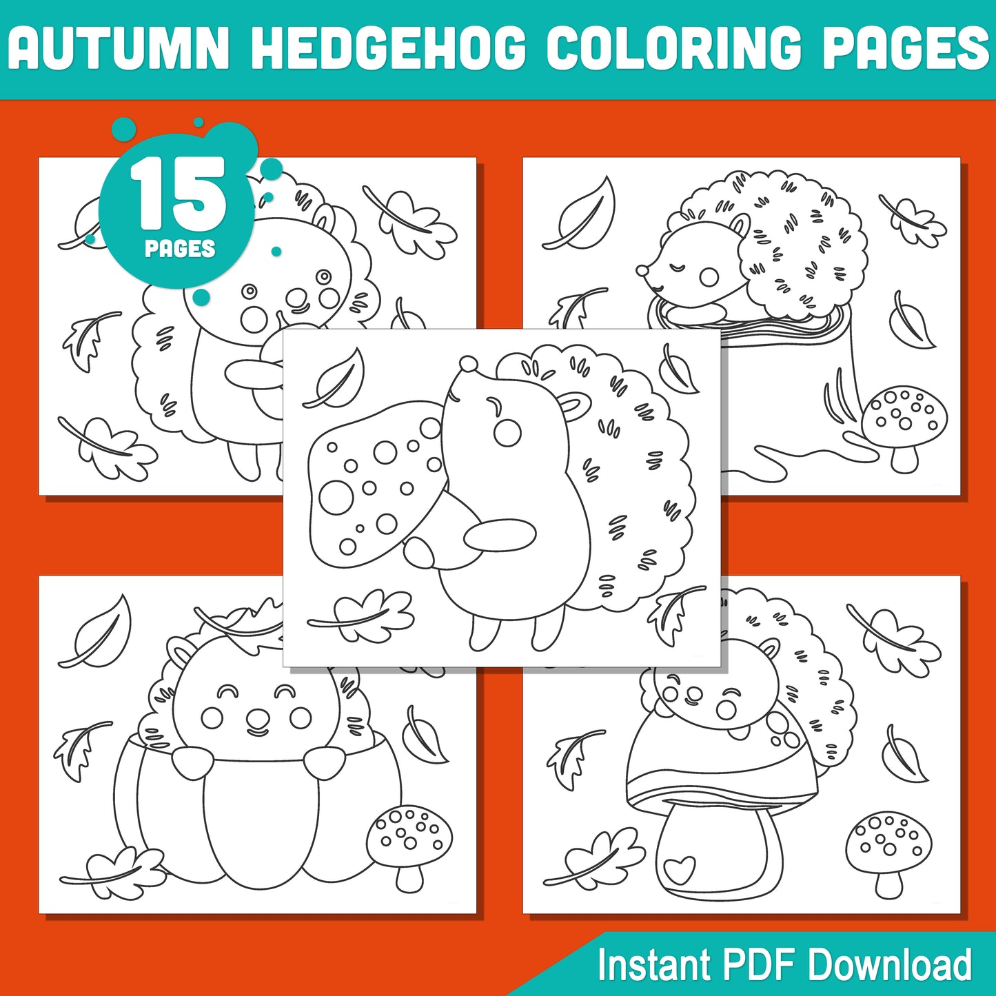 Cute Autumn Hedgehog Coloring Pages, 15 Printable Fall Designs for Kids, Great for Classroom, Homeschool, Early Finishers, or Art Projects, PDF Download