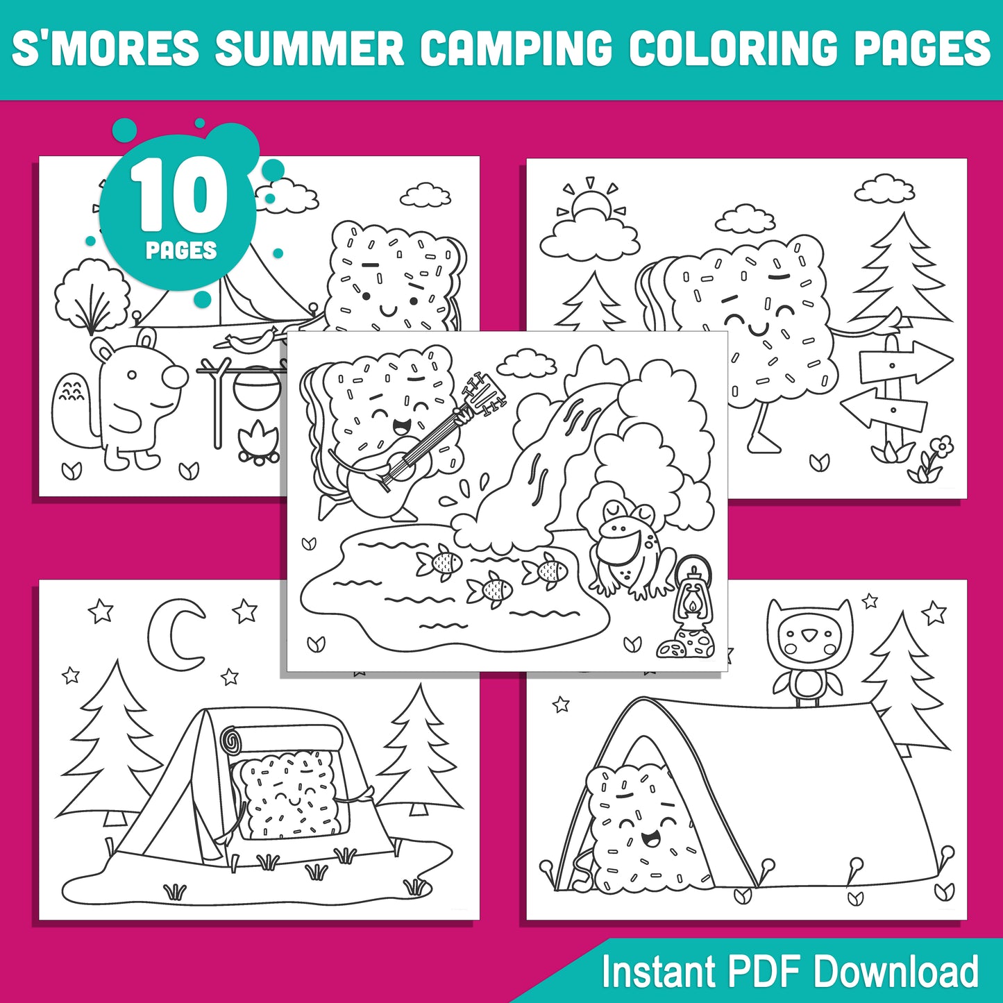 Fun S'mores Summer Camping Coloring Pages, 10 Printable Sheets for Kids' Outdoor Parties and End of School Year Celebrations, PDF Download
