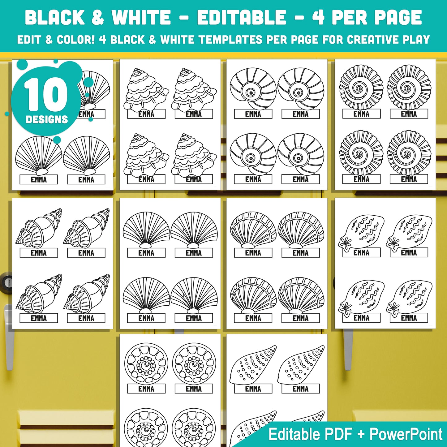 Editable Locker Labels (Cubby Name Tags), Sea Shell Themed, 8.5x11", 4 Per Page, PDF + PowerPoint, Instant Download, 40 Pages
