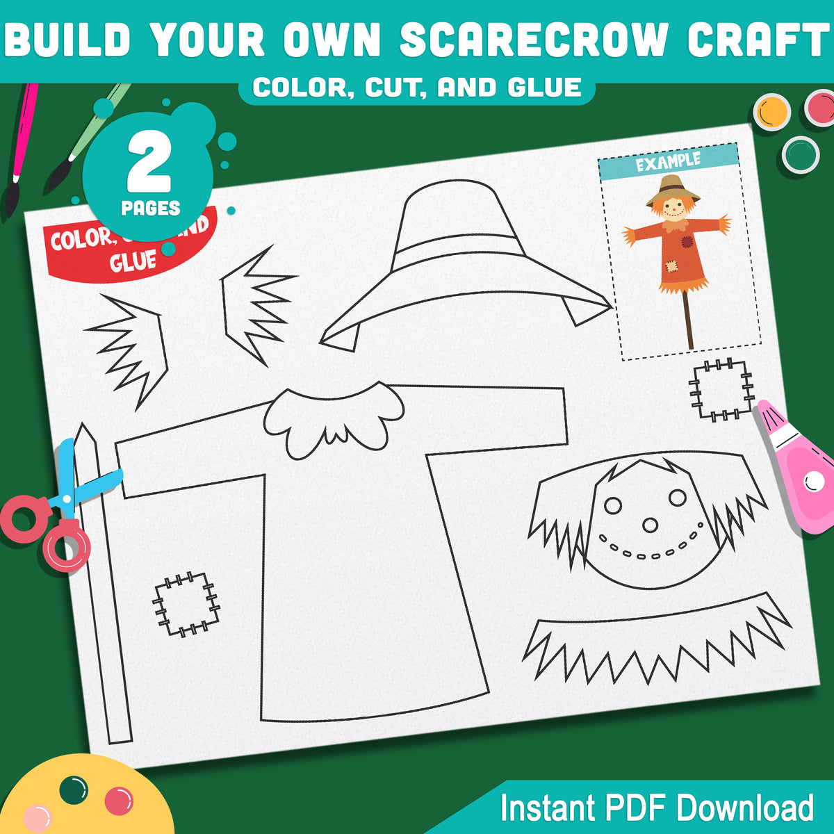 Build Your Own Scarecrow Craft, Autumn Cut and Assemble Activity, Fall Farm Theme Art, Pre-Colored & Black and White, Printable US Letter & A4