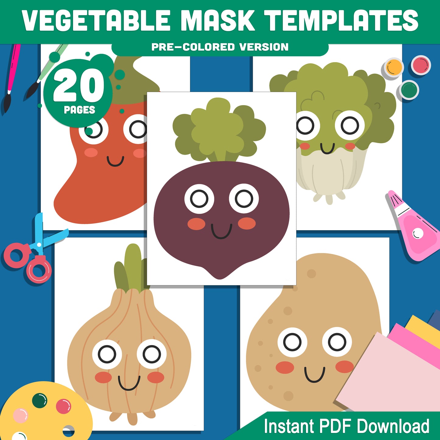 DIY Printable Vegetable Mask Templates: 20 Fun Kids’ Craft Pages, Pre-Colored & Black & White, Featuring Tomato, Broccoli, Bell Pepper, Carrot, Corn, Chili, Radish, Onion, Potato & Chinese Cabbage, Great for Play & Learning, Instant PDF