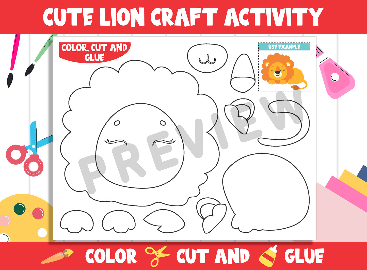 Cute Lion Craft Activity - Color, Cut, and Glue for PreK to 2nd Grade, PDF File