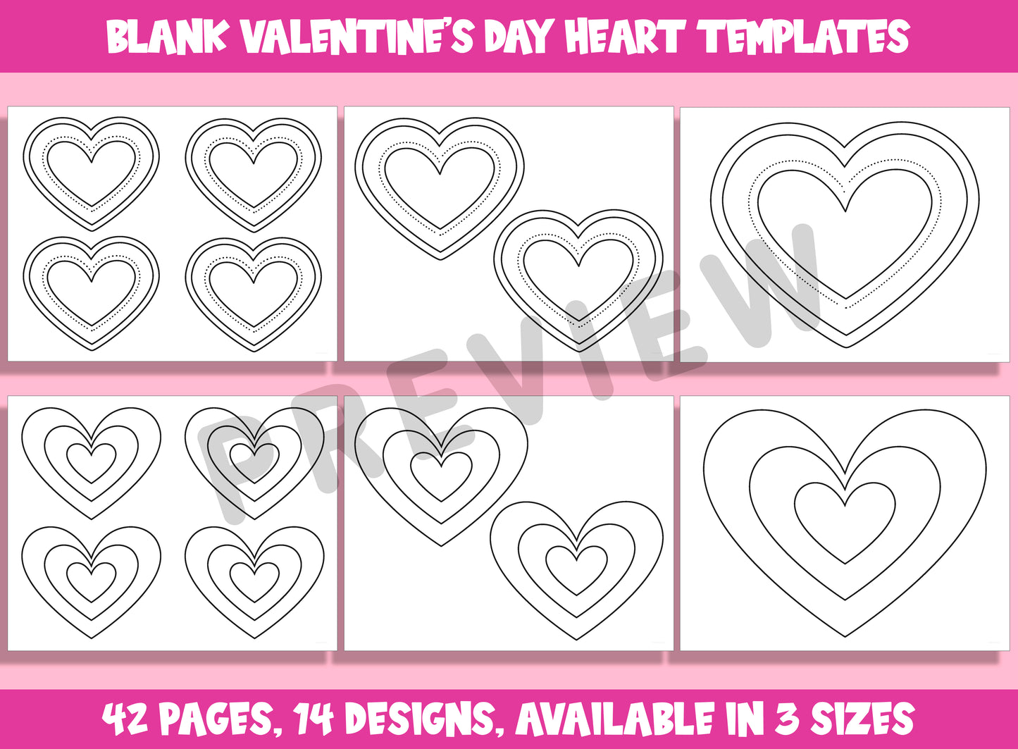 Blank Valentine's Day Heart Templates, Coloring Clipart Bundle, 42 Pages, 14 Designs, Available in 3 Sizes, PDF File, Instant Download