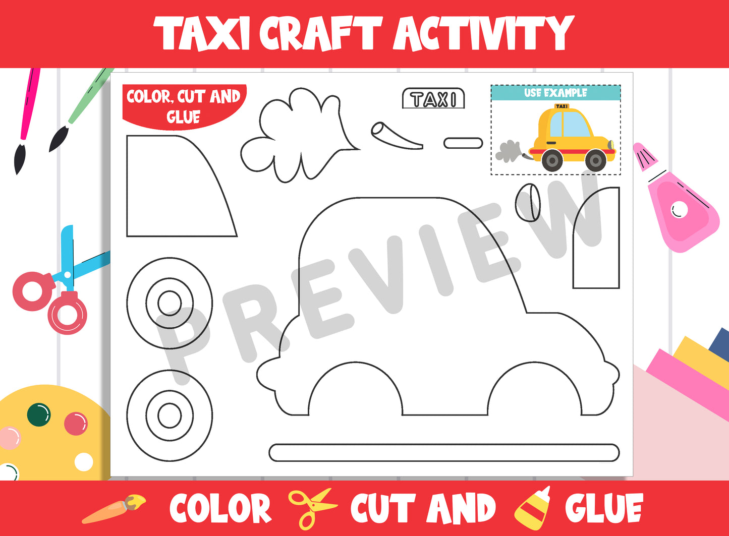 Cute Vehicle Craft Activity - Taxi : Color, Cut, and Glue for PreK to 2nd Grade, PDF File, Instant Download