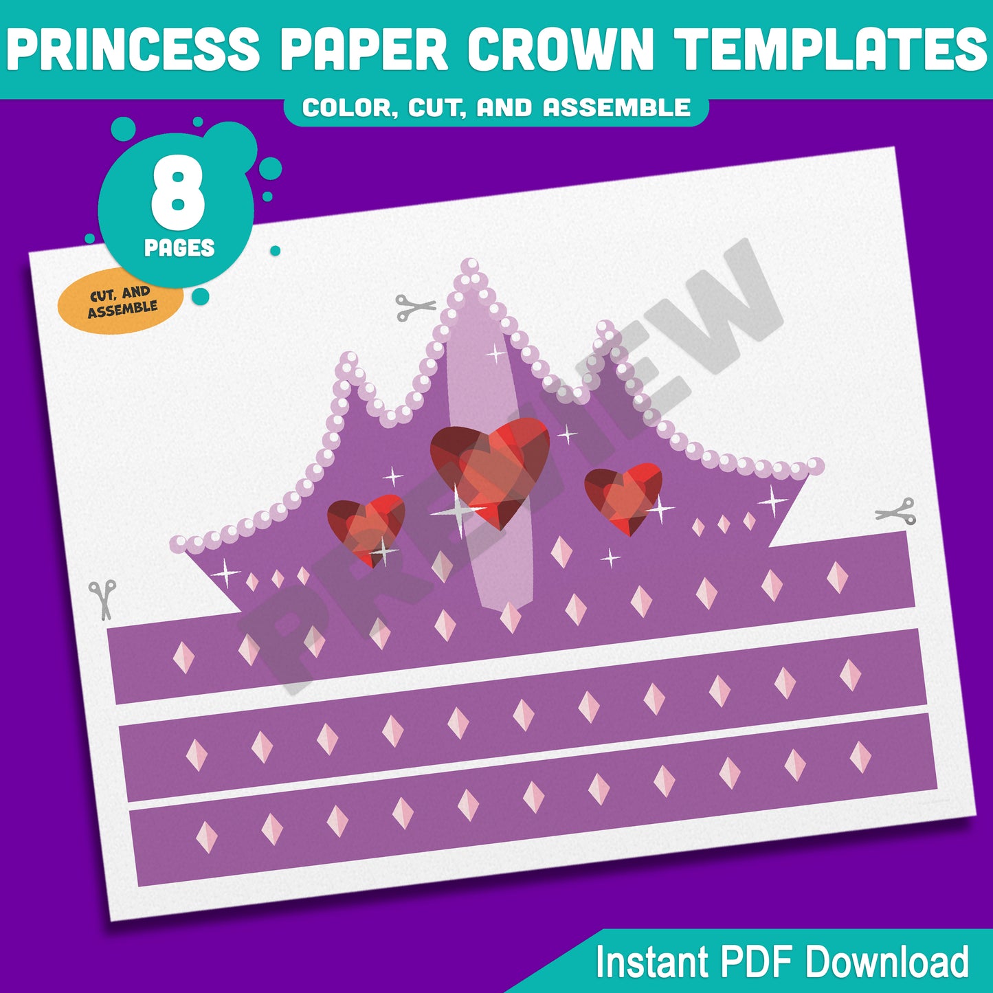 Princess Paper Crowns – 4 Printable Tiara and Royal Hat Designs for Kids, in Color and Black & White, Fun Headband Craft, 8 Pages