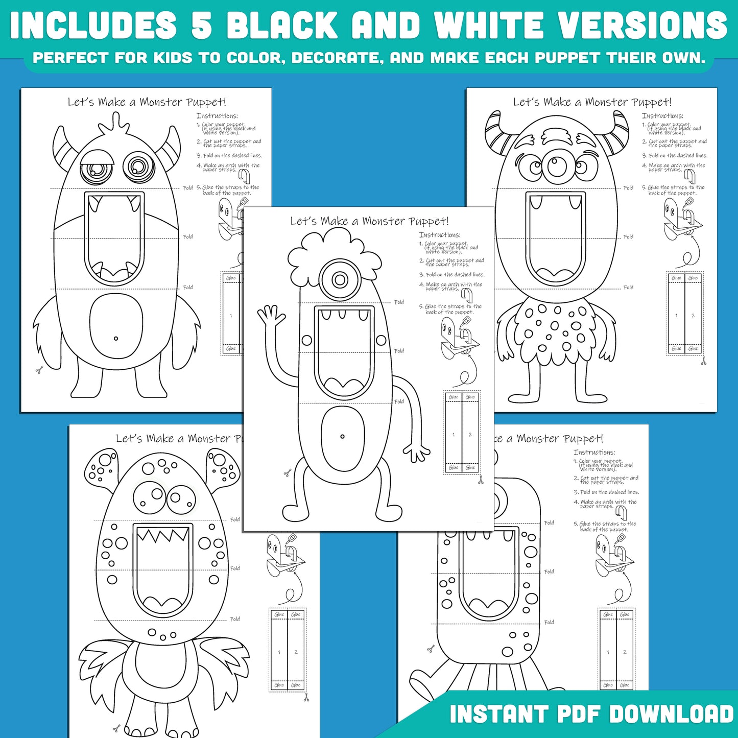 DIY Monster Paper Puppet Craft for Kids: 5 Pre-Colored + 5 Black and White Pages, Fun Halloween Craft for Classrooms, Parties & Home, Instant PDF