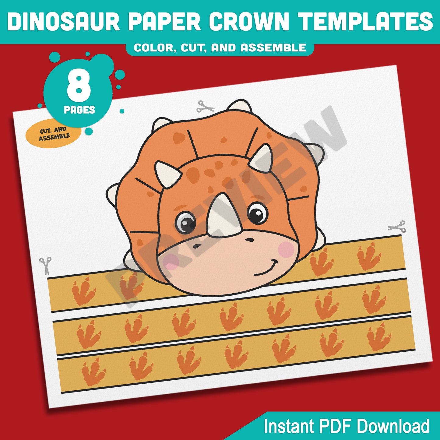 Dinosaur Paper Crowns for Kids – 4 Printable Hat and Headband Designs in Color and Black & White, 8-Page Craft Download, PDF Format