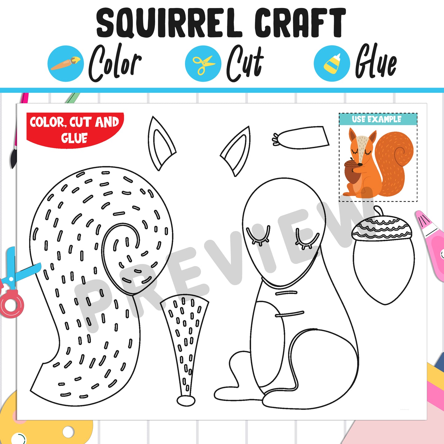 Cute Squirrel Craft Activity: Color, Cut, and Glue, Fun for PreK to 2nd Grade, PDF Instant Download