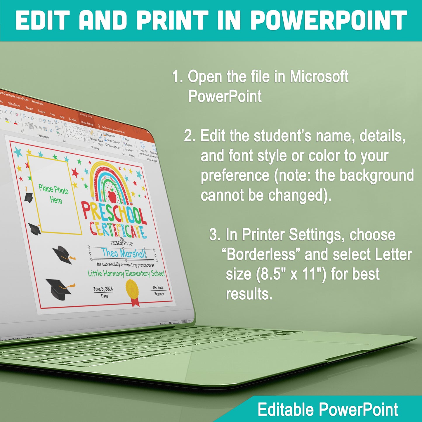Customizable Preschool Graduation Diploma with Photo: Editable Letter Size Certificate Template PDF + PowerPoint, Perfect for End of Year Celebrations!