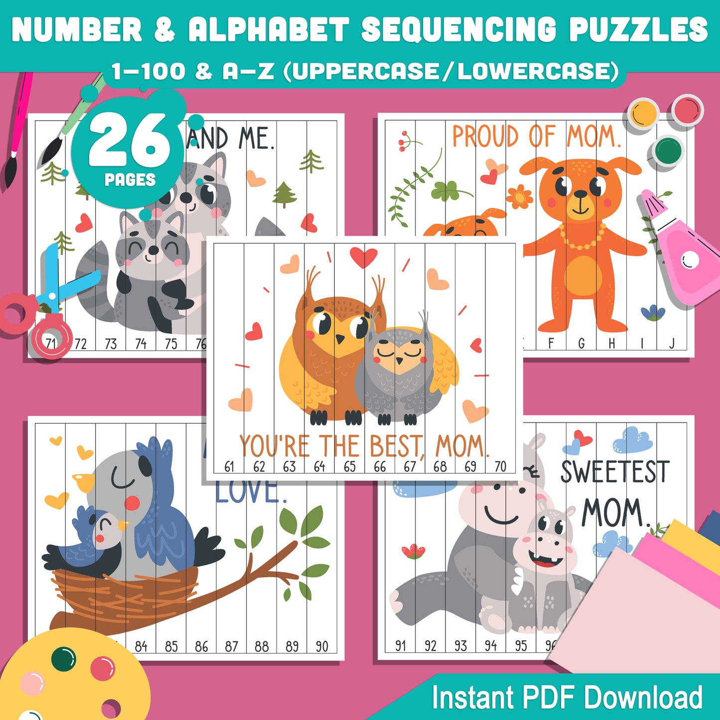 Mother’s Day Themed Number & Alphabet Sequence Puzzles: 1-100 and A-Z (Upper & Lowercase), Printable for Preschool and Kindergarten Activities