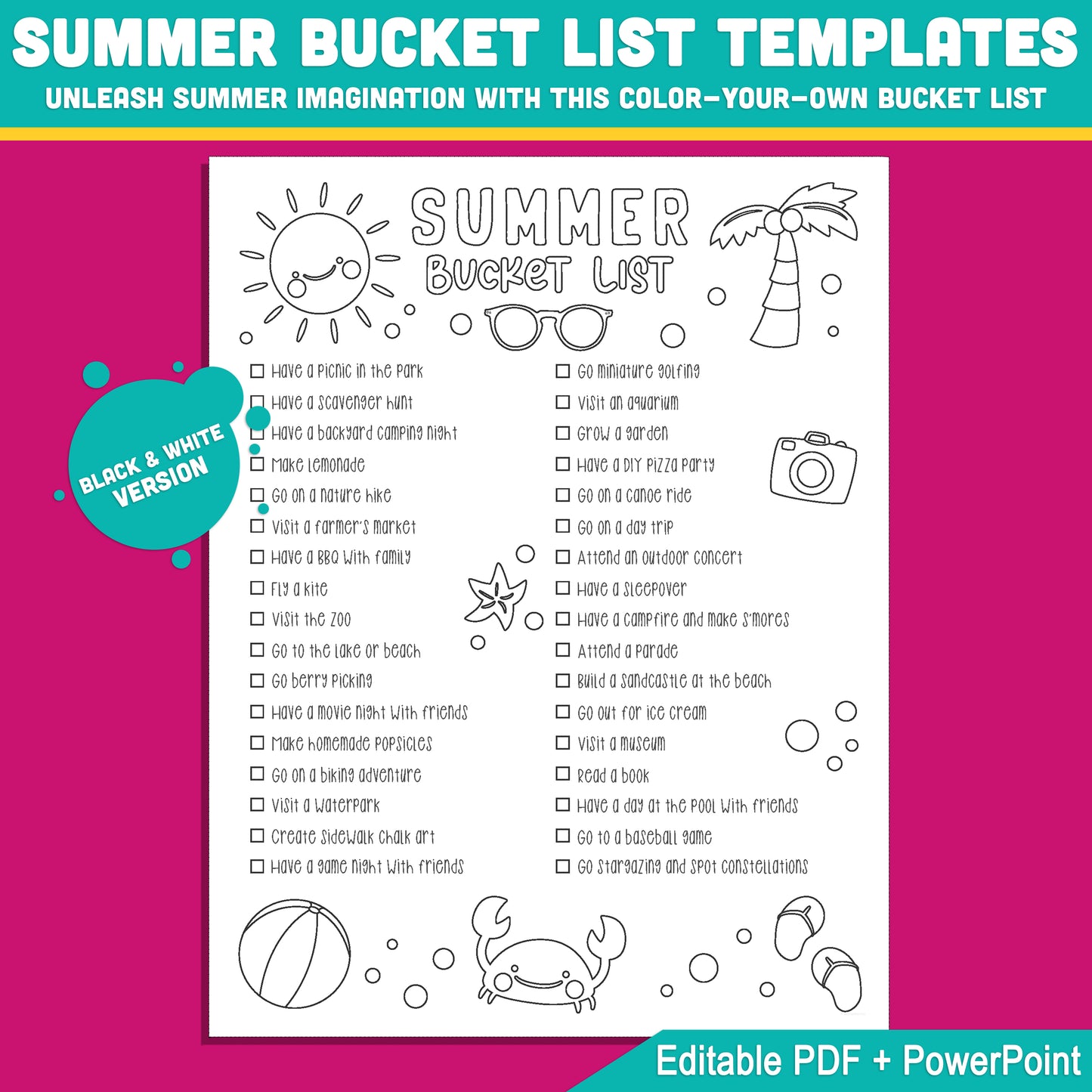 Editable Summer Bucket List Template: Fun Activity Checklist for Children with Color & Black & White Pages, PDF + PowerPoint, 8.5x11"