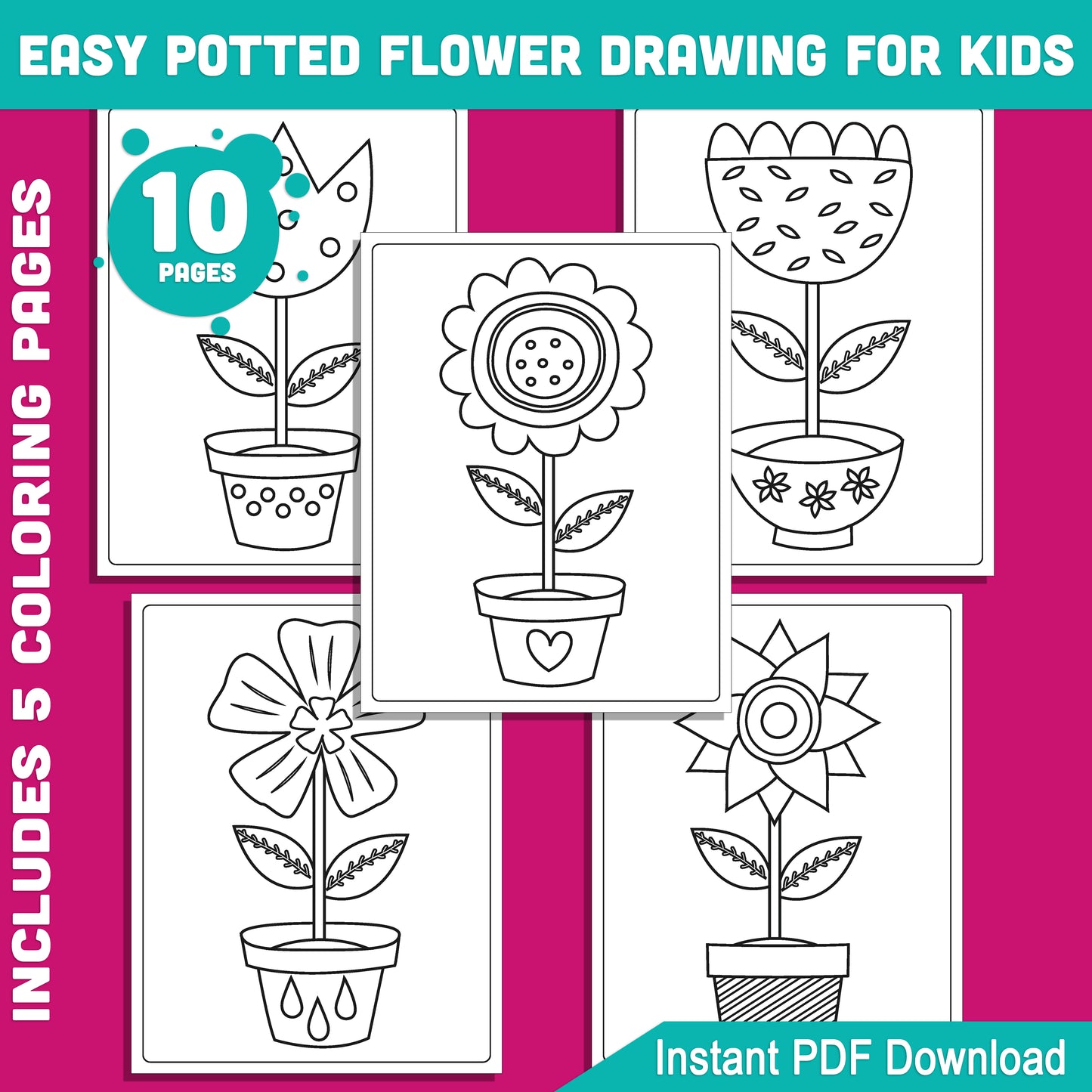 Spring Potted Flower Drawing for Kids: Fun 5-Page Tutorial + 5 Coloring Pages, Perfect for Classroom or Home Art Projects, PDF Download.