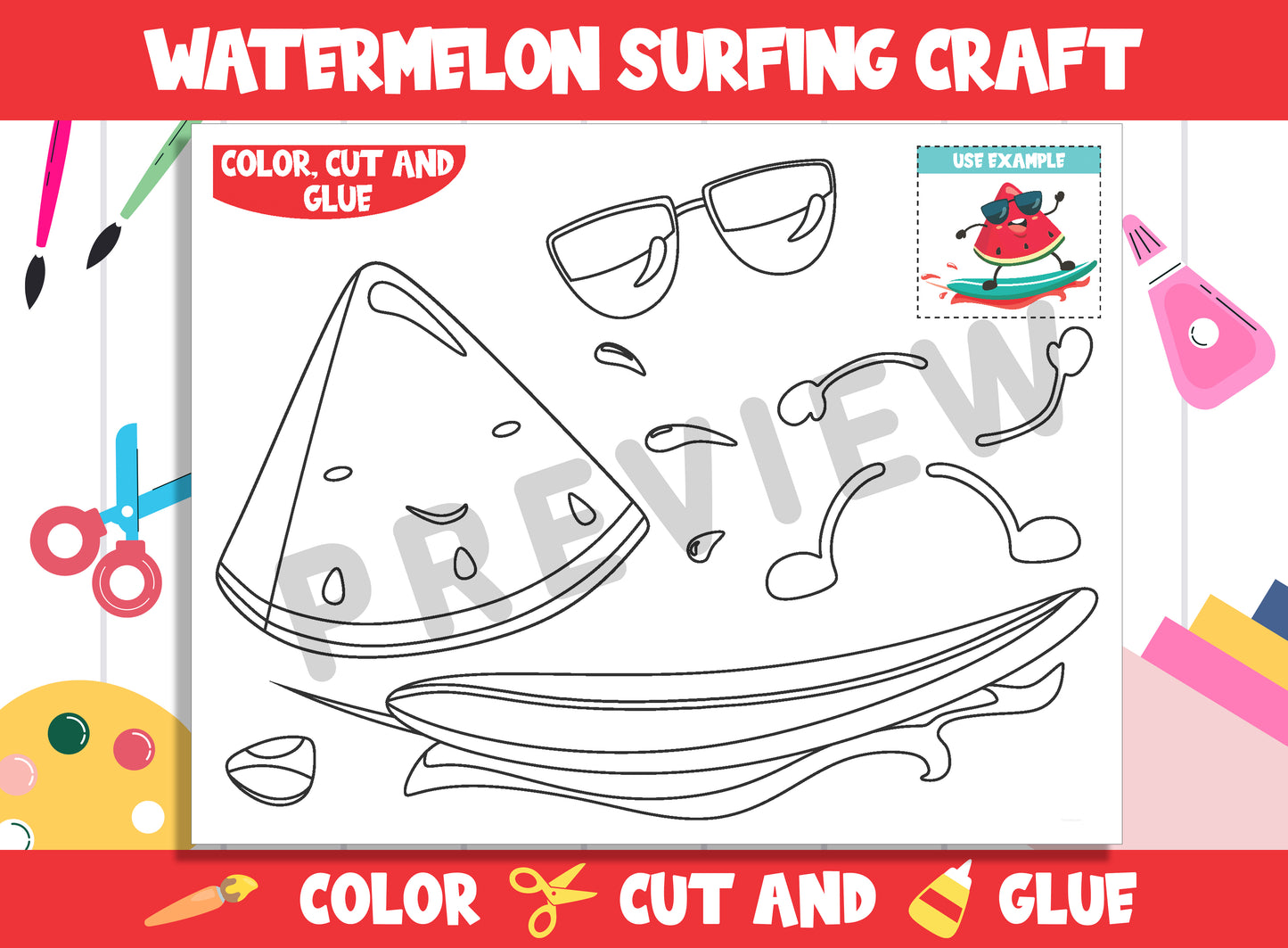 Watermelon Surfing Craft Activity - Color, Cut, and Glue for PreK to 2nd Grade