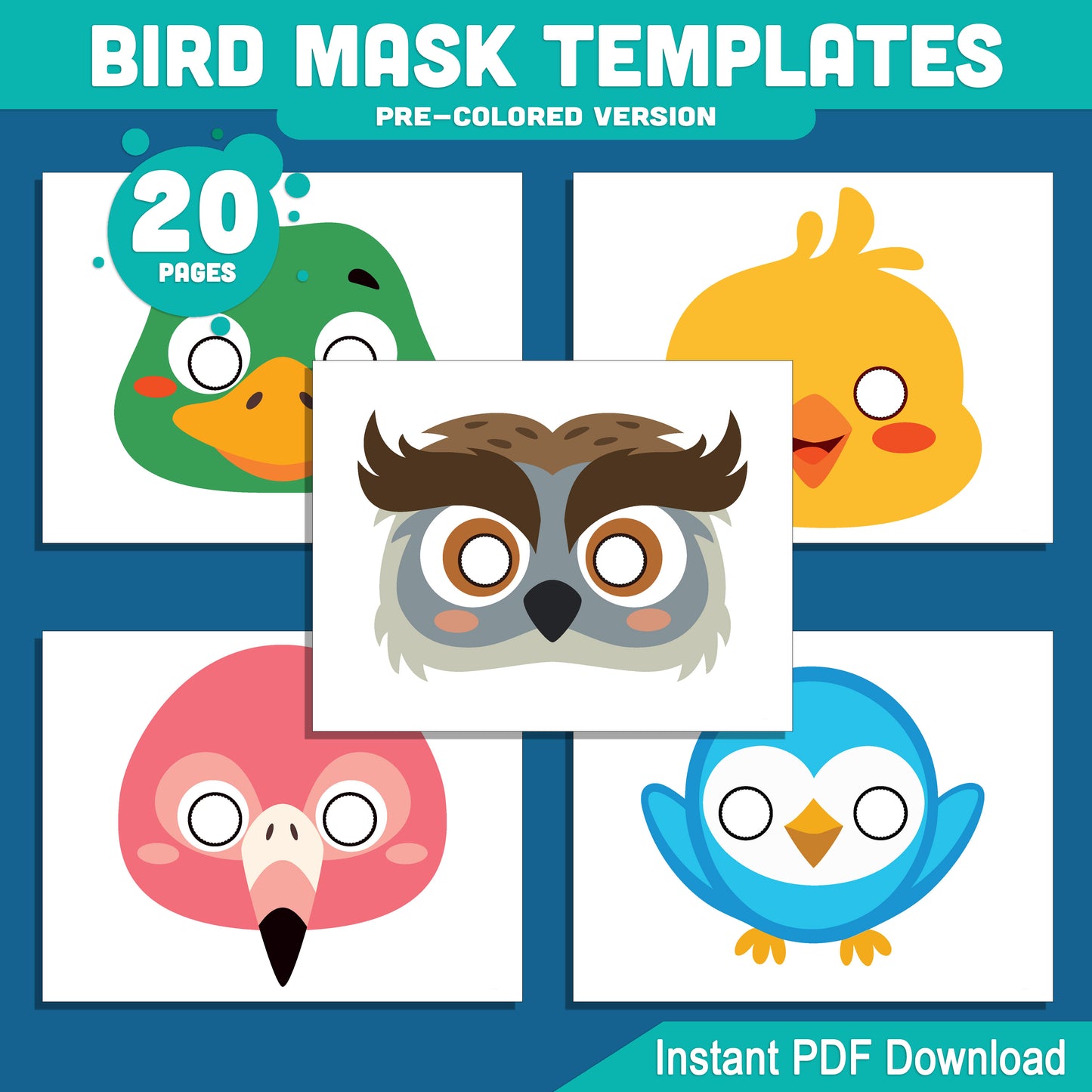 Bird Mask Templates for Kids: 20 Fun Printable Masks for Paper Craft & Pretend Play, Pre-Colored + Black & White, PDF Instant Download