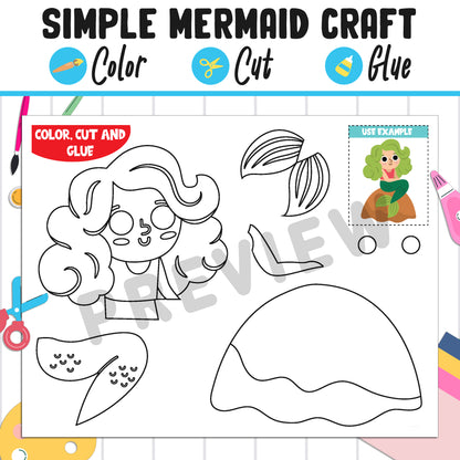 Simple Mermaid Craft for Kids: Color, Cut, and Glue, a Fun Activity for Pre K to 2nd Grade, PDF Instant Download