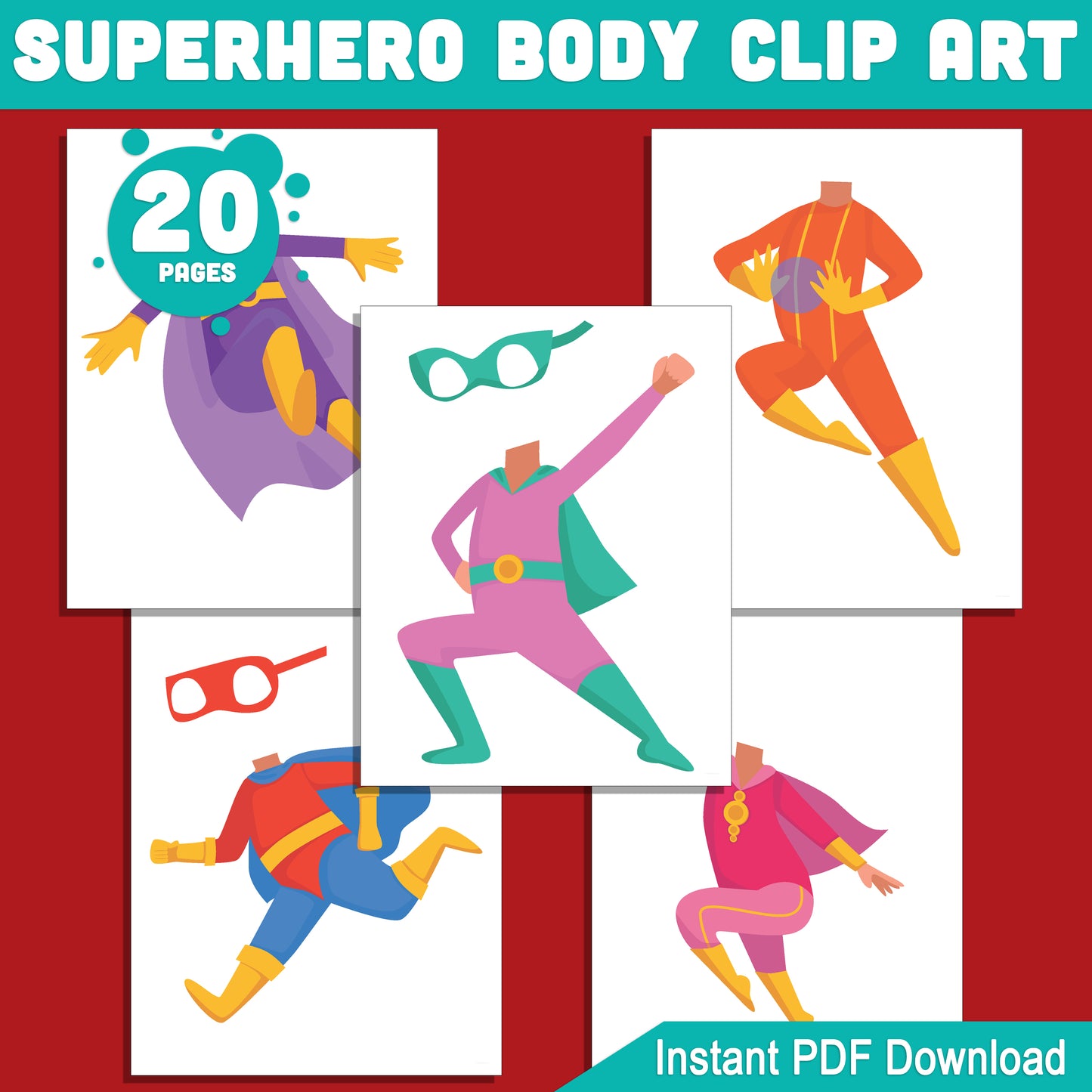 Superhero Body Cutout Clip Art: Add Your Own Face for a Customizable, Fun Activity – 20 Designs, Perfect for Kids’ Crafts & Parties, Instant PDF Download