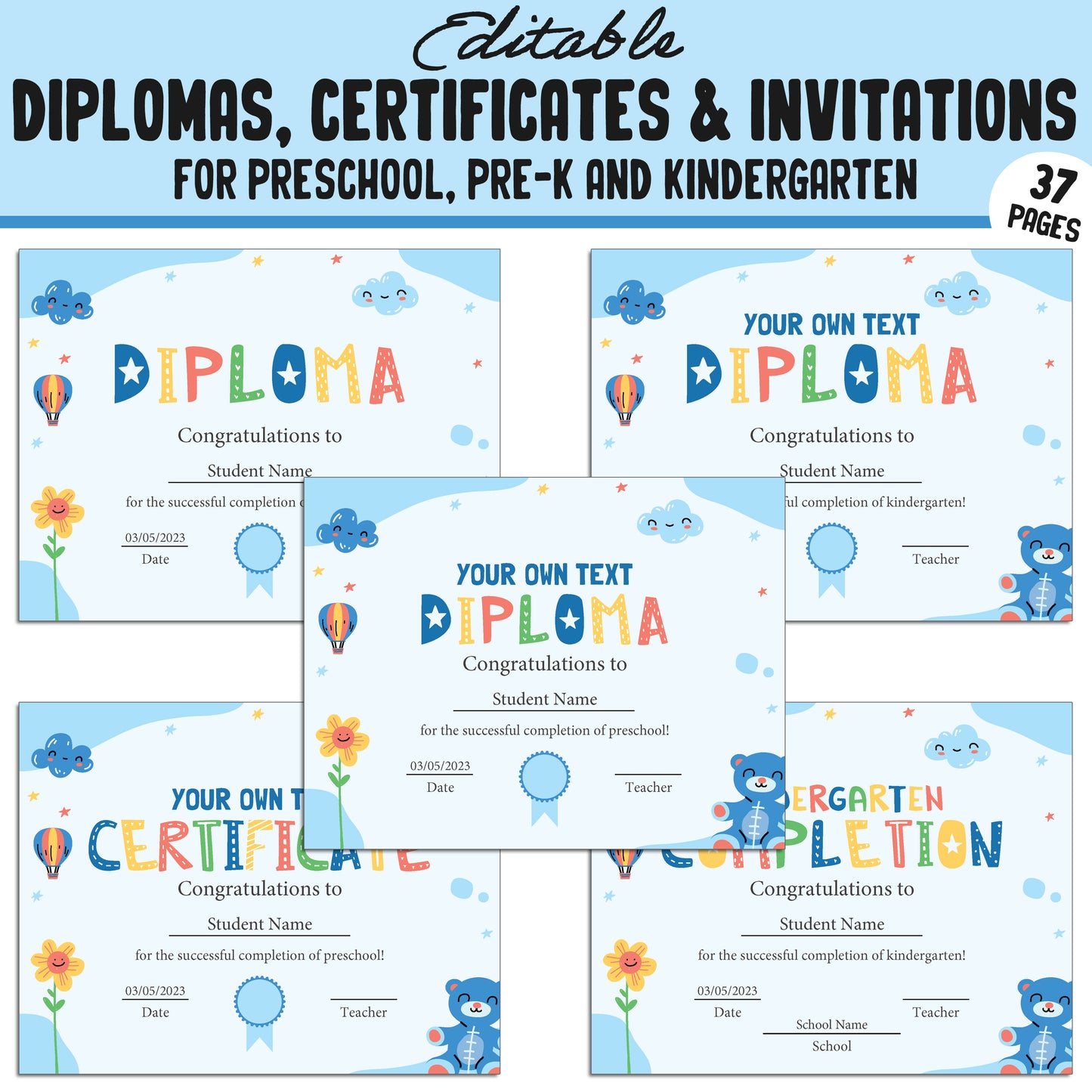 Preschool Diploma Template, PreK, Preschool, Kindergarten Diplomas, Certificates & Invitations β 37 Customizable PDF Pages, Instant Download
