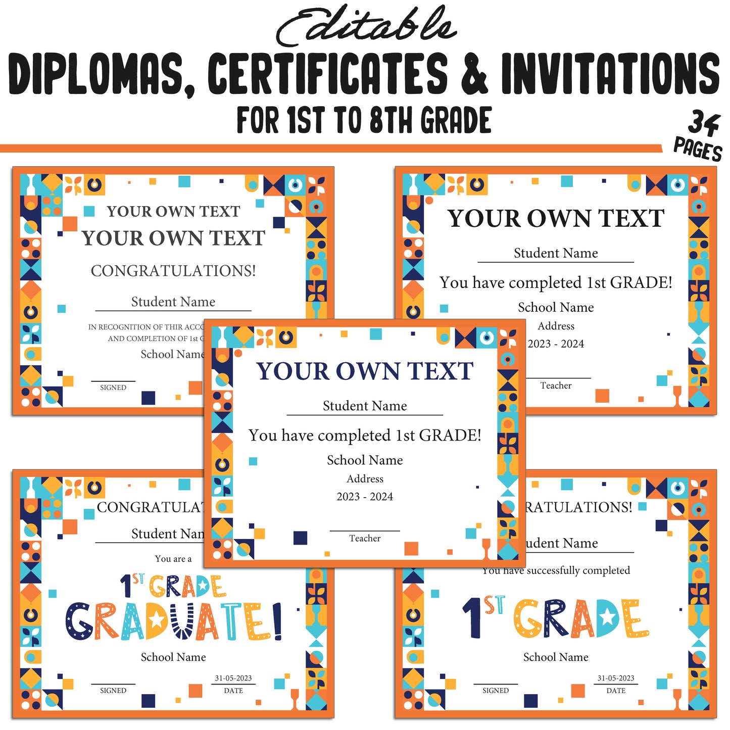 Editable Diplomas for 3rd Grade, Certificates for 1st-8th Grade, and Invitation Templates in a Mosaic Theme - 34 Pages, PDF Instant Download