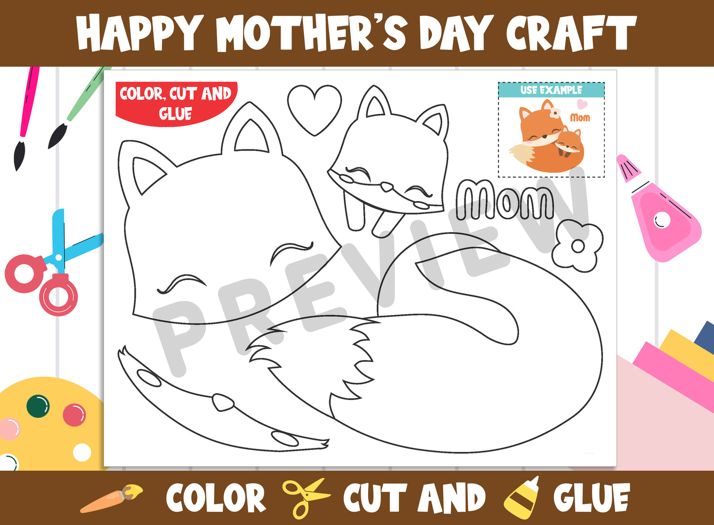Happy Mother's Day Craft Activity - Color, Cut, and Glue for PreK to 2nd Grade, PDF File, Instant Download