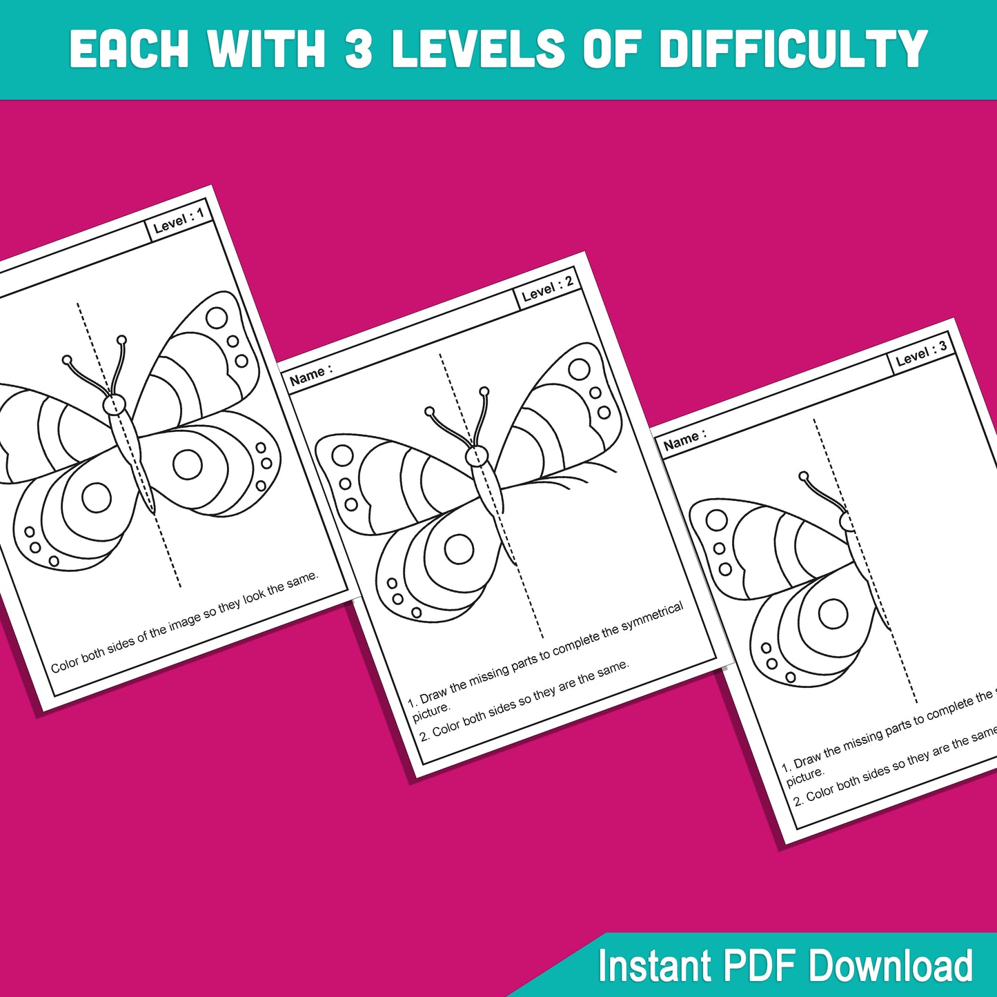 Spring Symmetry Worksheets: 24 Pages of Fun with 8 Unique Spring Designs, 3 Levels per Design, Great for Kids’ Skills Practice, PDF Download
