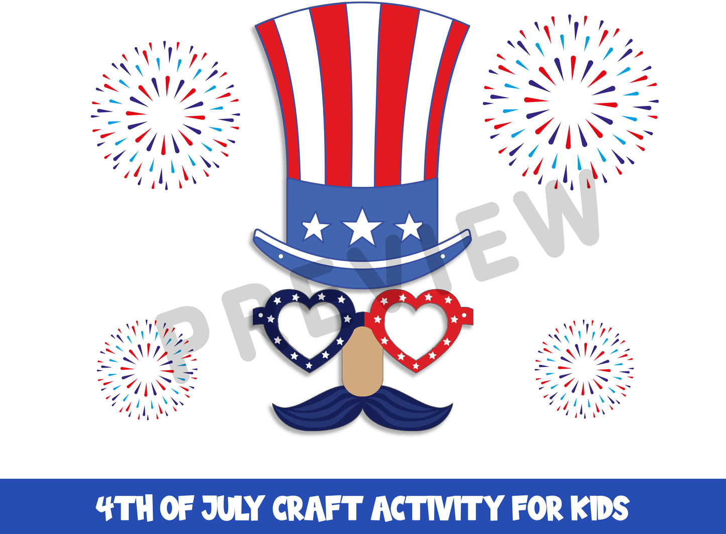 Glasses Mustache and Hat, 4th of July, Independence Day Craft Activity for Kids, Available in Color and Coloring Versions, Instant Download